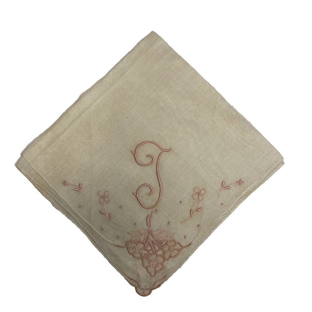 Vtg Burmel Original Madeira Hand Embroidered Linen Monogram T L J  Wedding Hanky
